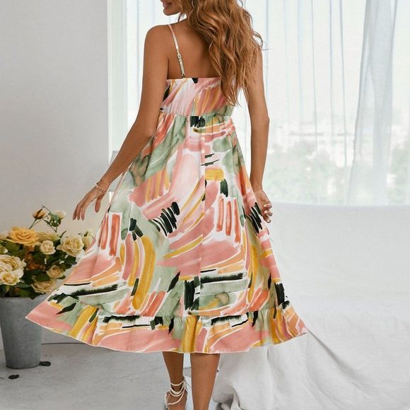 New Brush Print Overlap Collar Ruffle Hem Cami Dress Multicolor 226 - Picture 2 of 8